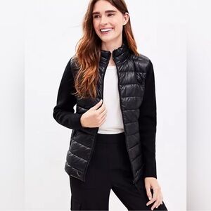 Lou & Grey LOFT Black Nylon Puffer Jacket with Sweater Knit Sleeves Sz XL